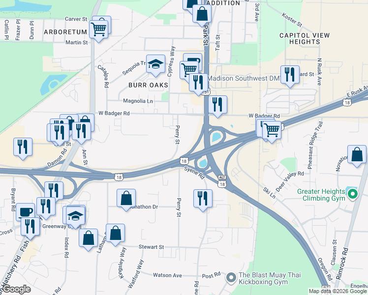 map of restaurants, bars, coffee shops, grocery stores, and more near 2501 Perry Street in Madison