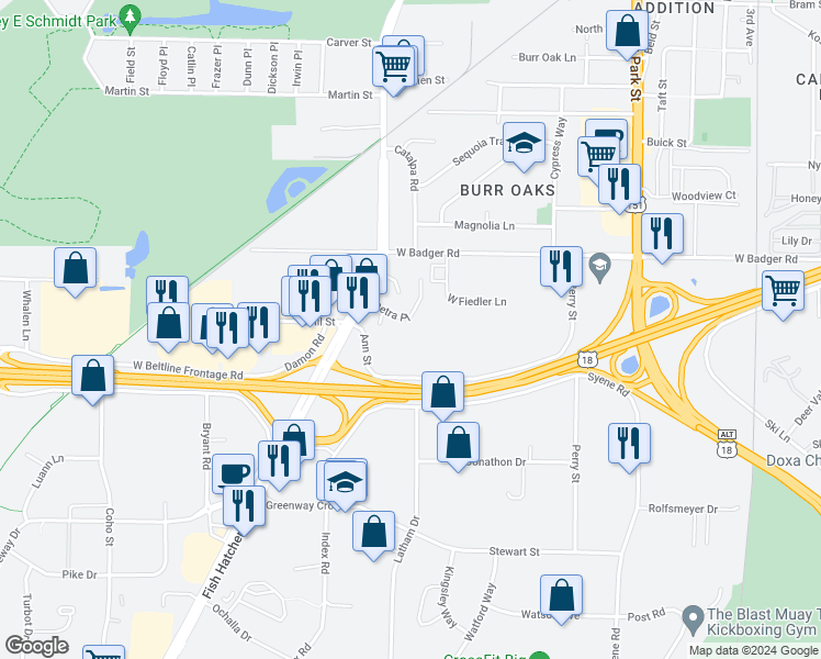 map of restaurants, bars, coffee shops, grocery stores, and more near 1129 Petra Place in Madison
