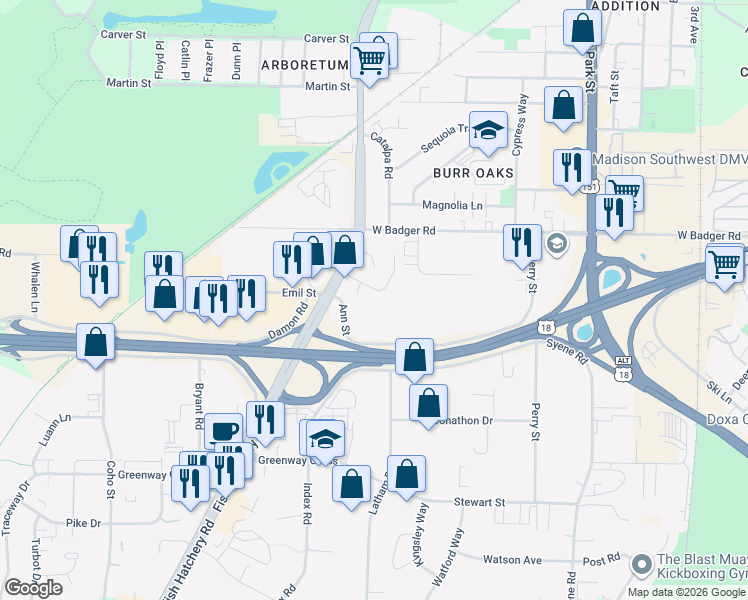 map of restaurants, bars, coffee shops, grocery stores, and more near 1121 Petra Place in Madison