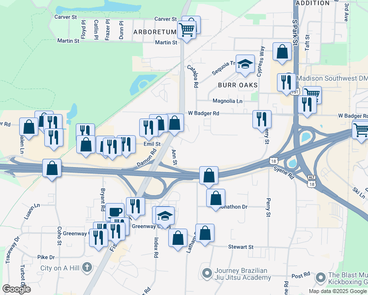 map of restaurants, bars, coffee shops, grocery stores, and more near 2605 Fish Hatchery Road in Madison