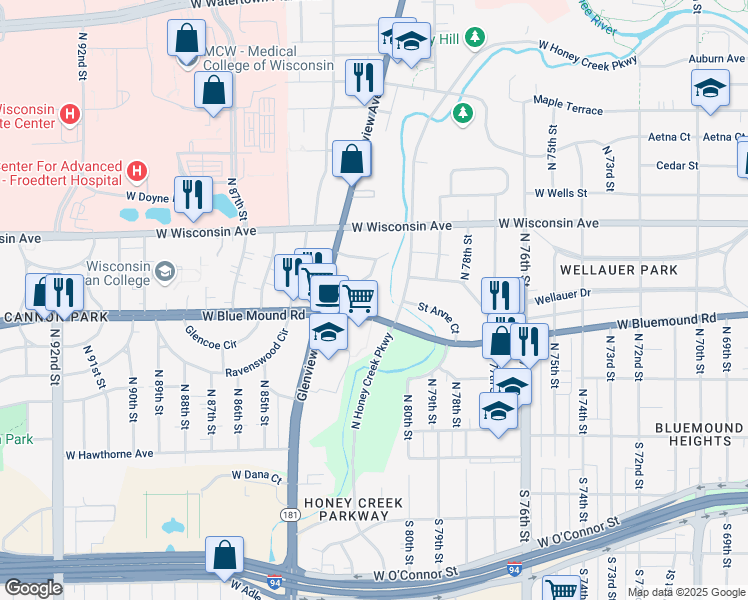 map of restaurants, bars, coffee shops, grocery stores, and more near 8112 West Bluemound Road in Wauwatosa