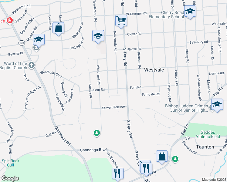 map of restaurants, bars, coffee shops, grocery stores, and more near 603 Fern Road in Syracuse