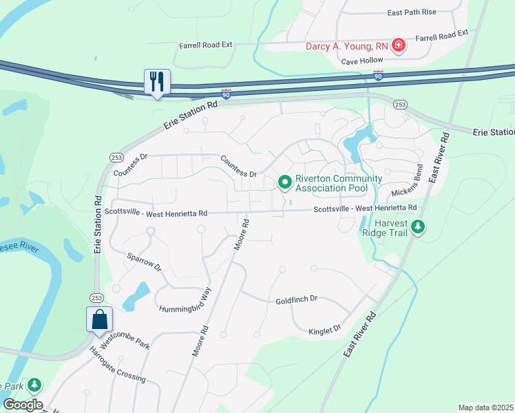 map of restaurants, bars, coffee shops, grocery stores, and more near 23 Mayapple Lane in West Henrietta