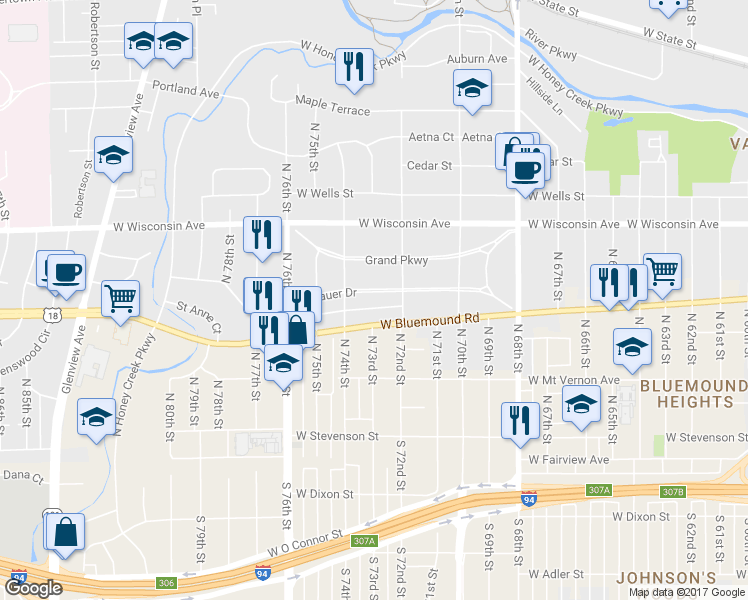 map of restaurants, bars, coffee shops, grocery stores, and more near 7237 Wellauer Drive in Wauwatosa
