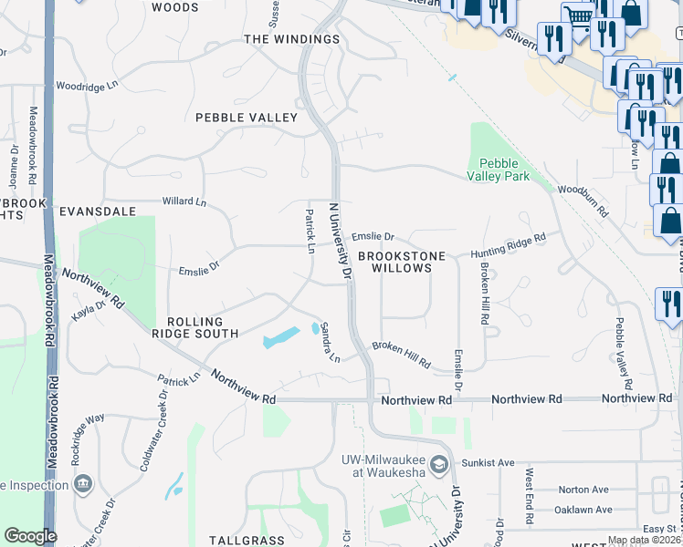 map of restaurants, bars, coffee shops, grocery stores, and more near 2354 North University Drive in Waukesha