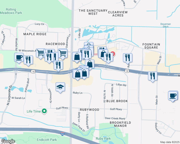 map of restaurants, bars, coffee shops, grocery stores, and more near 16985 West Bluemound Road in Brookfield