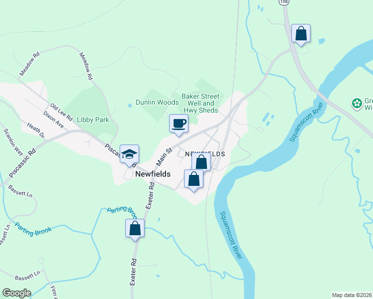 map of restaurants, bars, coffee shops, grocery stores, and more near 5 Swamscott Street in Newfields