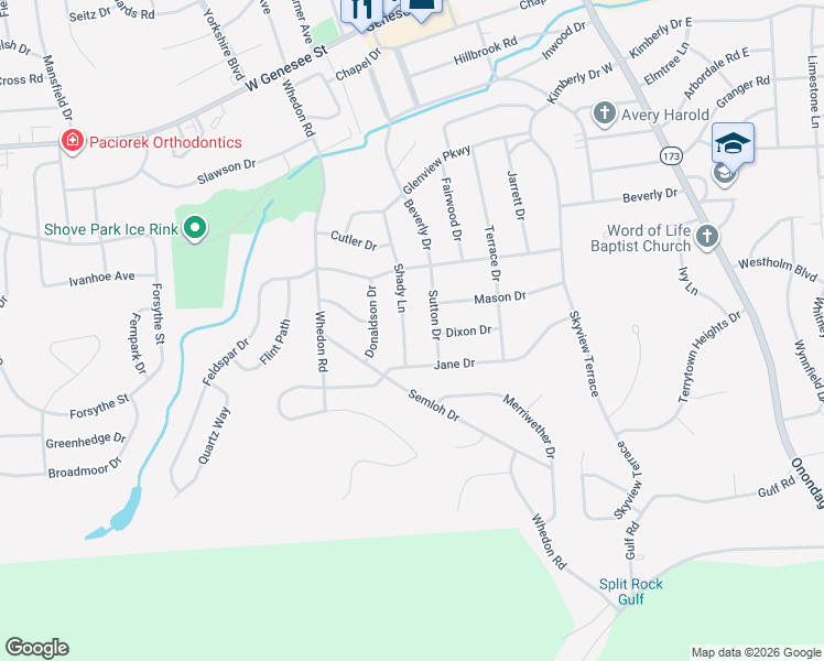 map of restaurants, bars, coffee shops, grocery stores, and more near 117 Shady Lane in Syracuse