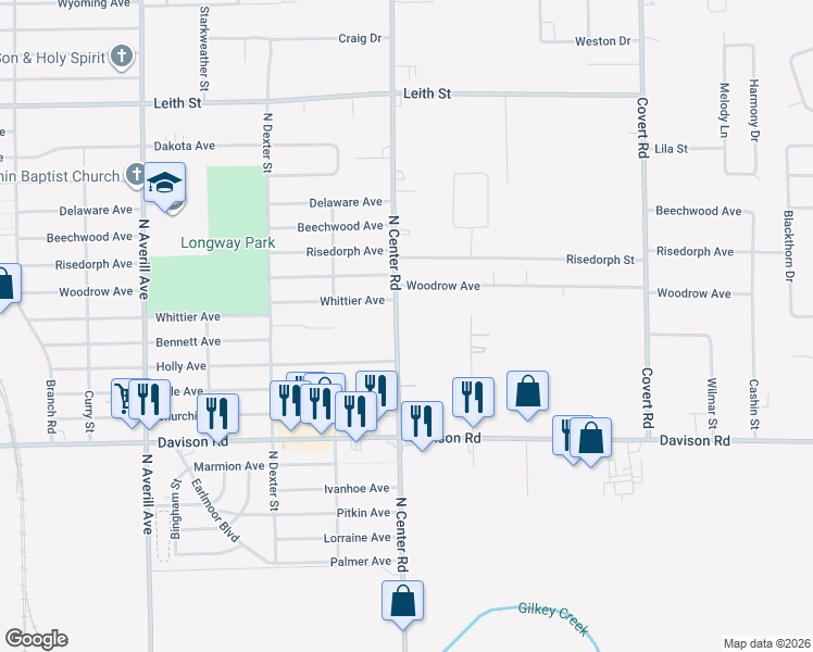 map of restaurants, bars, coffee shops, grocery stores, and more near 2116 North Center Road in Burton