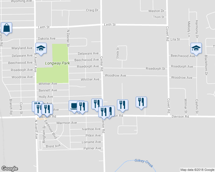 map of restaurants, bars, coffee shops, grocery stores, and more near 2116 North Center Road in Burton
