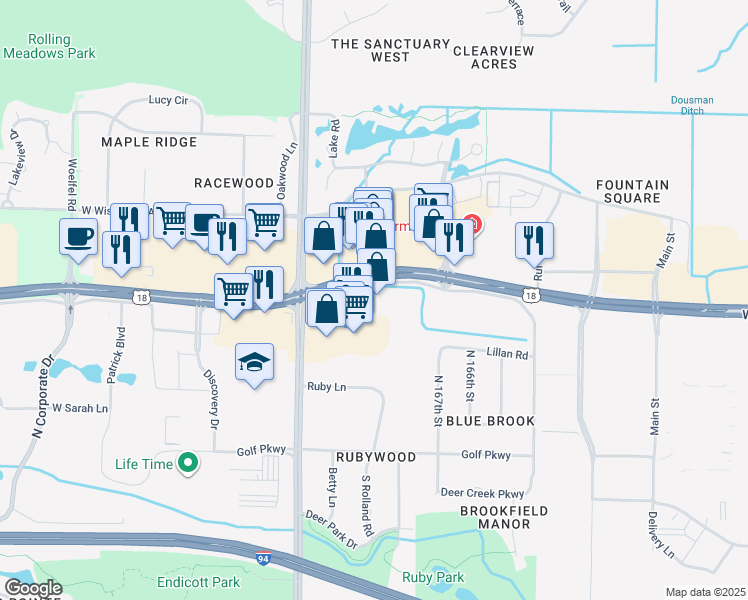 map of restaurants, bars, coffee shops, grocery stores, and more near 16985 West Bluemound Road in Brookfield
