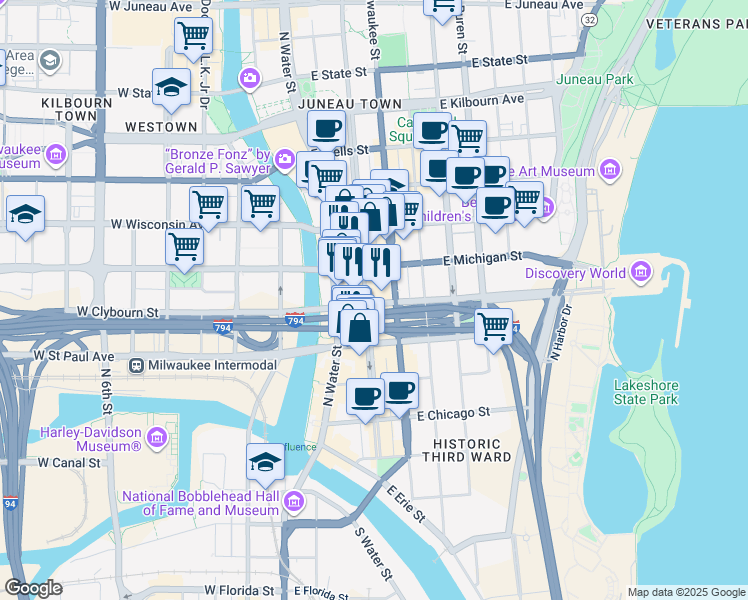 map of restaurants, bars, coffee shops, grocery stores, and more near 310 East Clybourn Street in Milwaukee