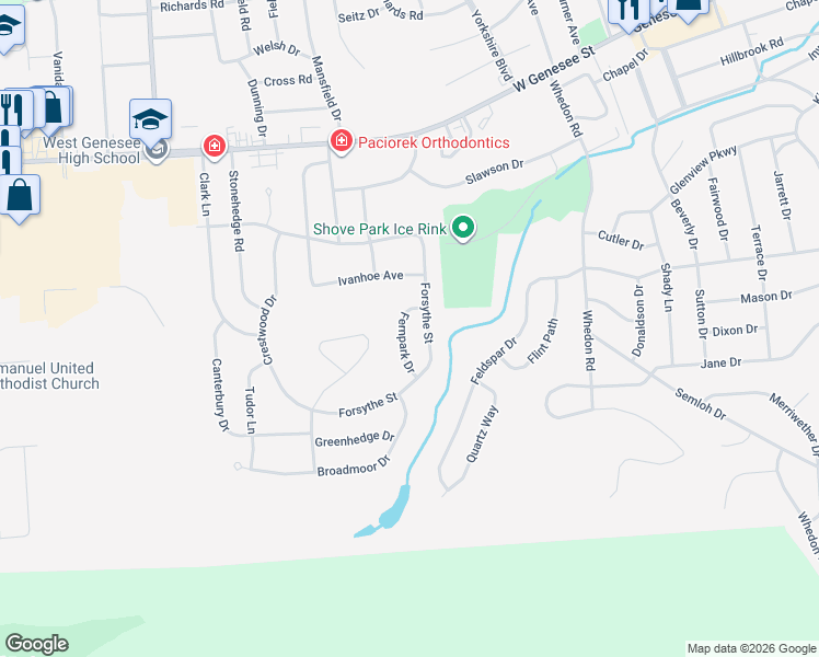 map of restaurants, bars, coffee shops, grocery stores, and more near 105 Fernpark Dr in Camillus