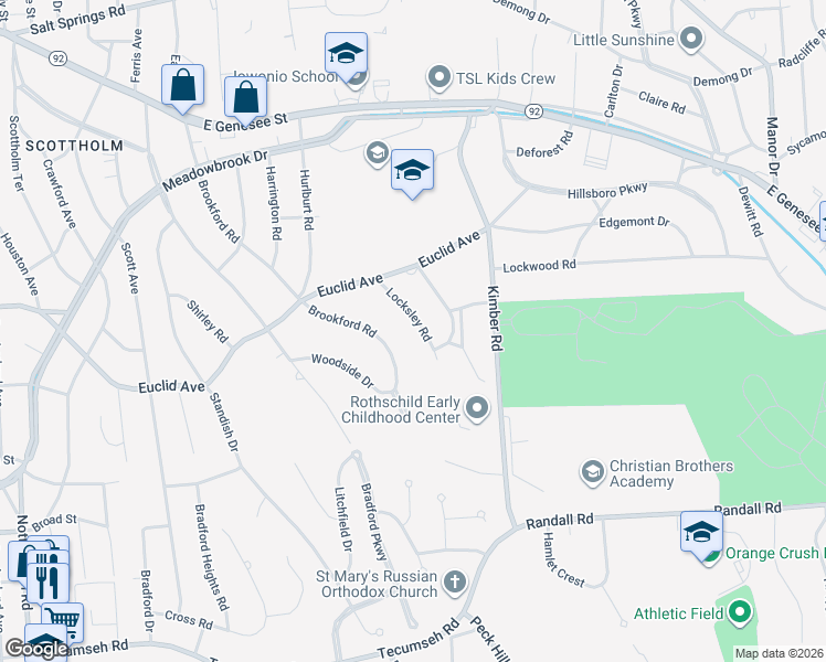 map of restaurants, bars, coffee shops, grocery stores, and more near 216 Locksley Rd in Syracuse