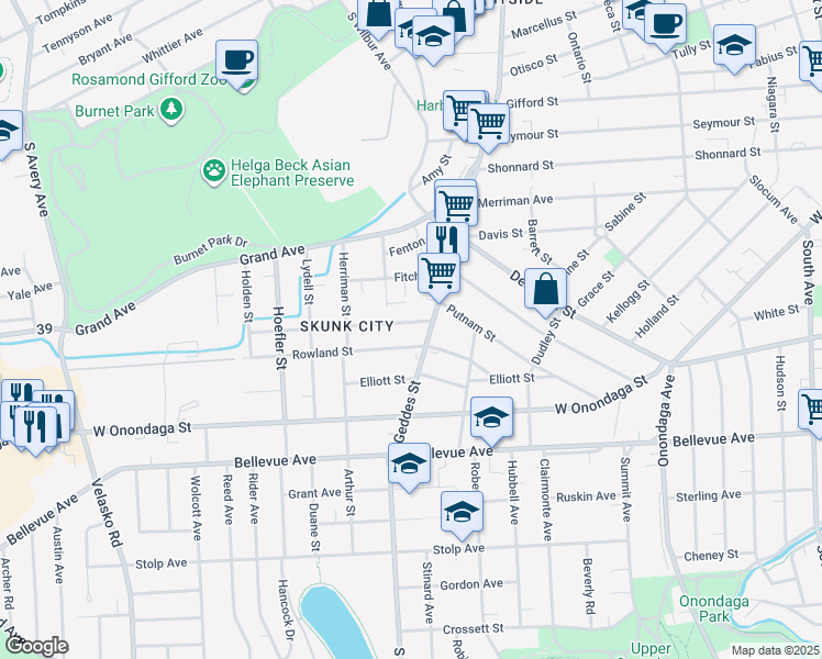 map of restaurants, bars, coffee shops, grocery stores, and more near 105 Hartson Street in Syracuse
