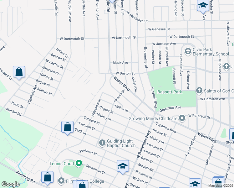 map of restaurants, bars, coffee shops, grocery stores, and more near 2307 Copeman Boulevard in Flint
