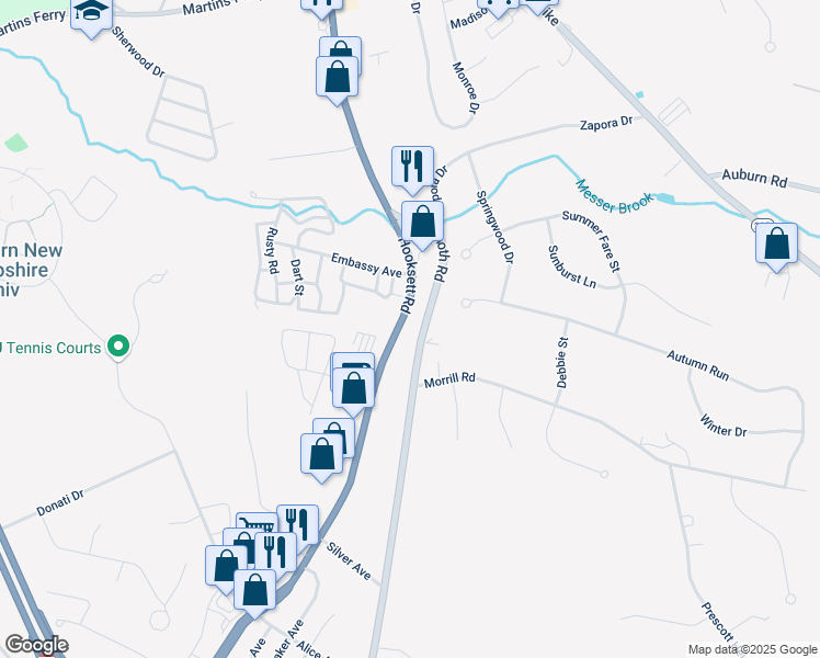 map of restaurants, bars, coffee shops, grocery stores, and more near 128 Mammoth Road in Hooksett