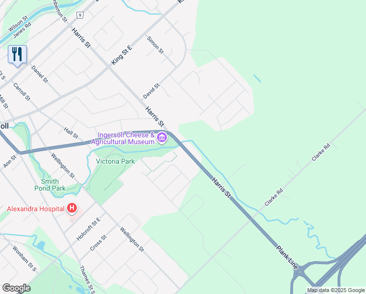 map of restaurants, bars, coffee shops, grocery stores, and more near Harris Street in Ingersoll