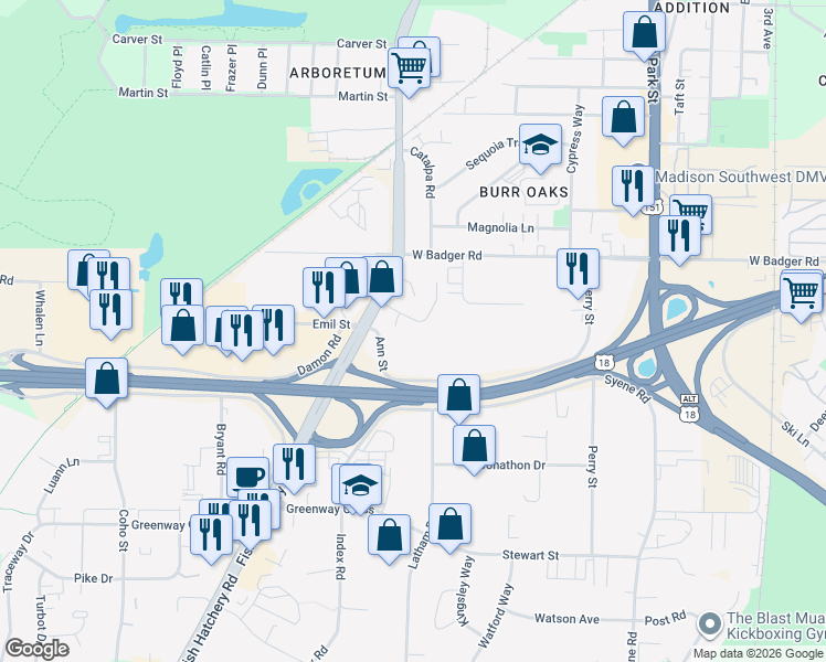 map of restaurants, bars, coffee shops, grocery stores, and more near 1121 Petra Place in Madison