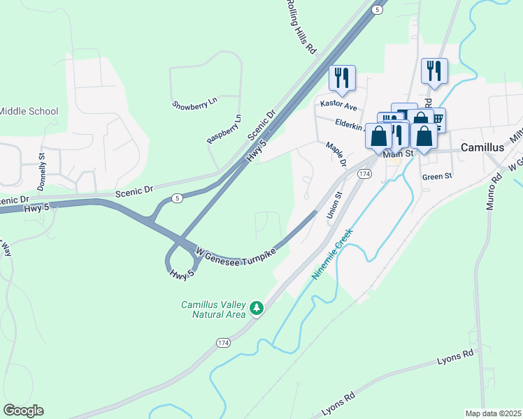 map of restaurants, bars, coffee shops, grocery stores, and more near 112 Camillus Drive in Camillus