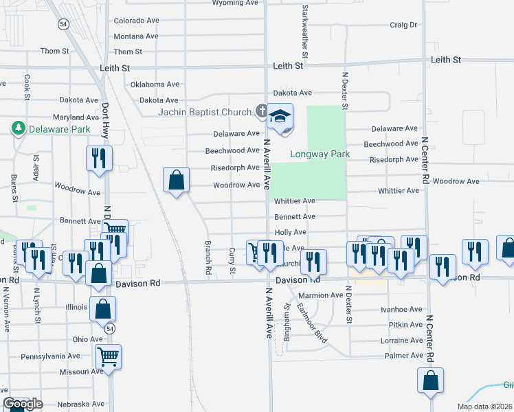 map of restaurants, bars, coffee shops, grocery stores, and more near 3236 Whittier Avenue in Flint