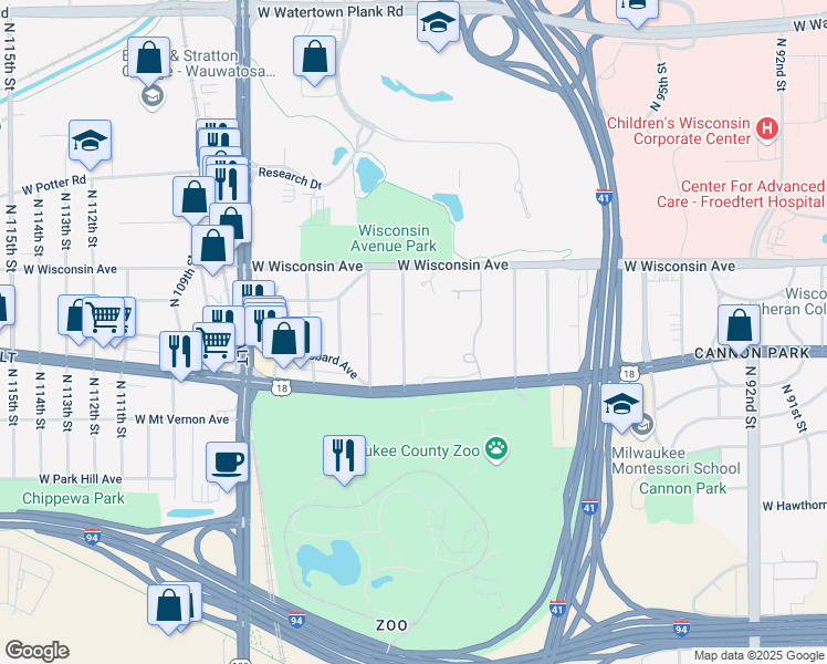 map of restaurants, bars, coffee shops, grocery stores, and more near 532 North 103rd Street in Wauwatosa