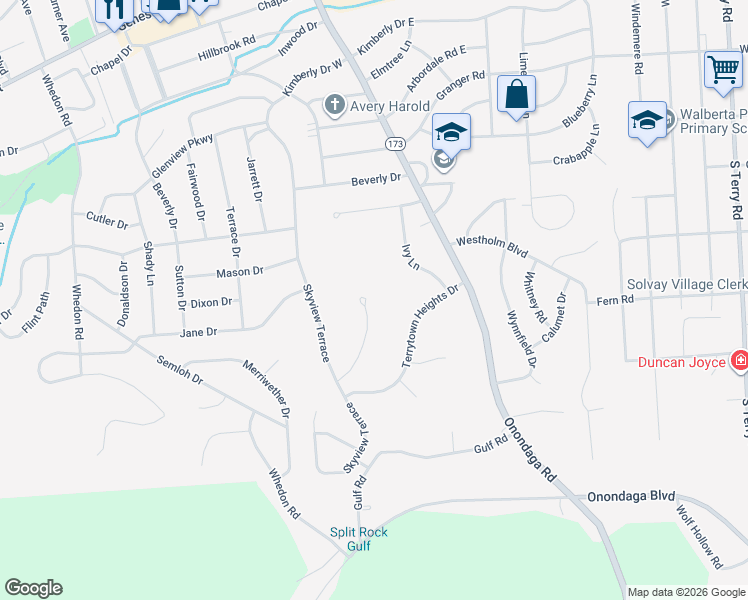 map of restaurants, bars, coffee shops, grocery stores, and more near 121 Dewberry Lane in Syracuse