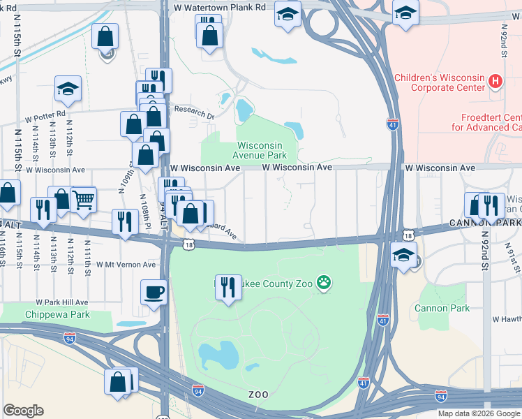 map of restaurants, bars, coffee shops, grocery stores, and more near 531 North 103rd Street in Wauwatosa