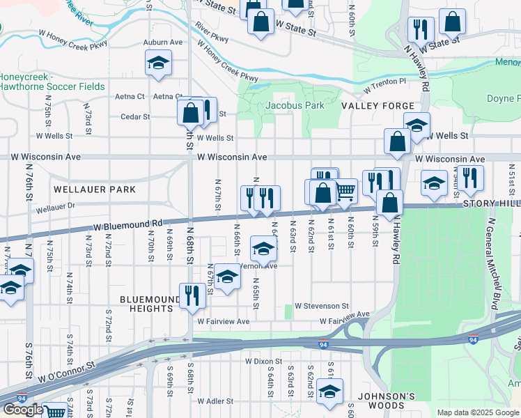 map of restaurants, bars, coffee shops, grocery stores, and more near 6424 West Bluemound Road in Wauwatosa
