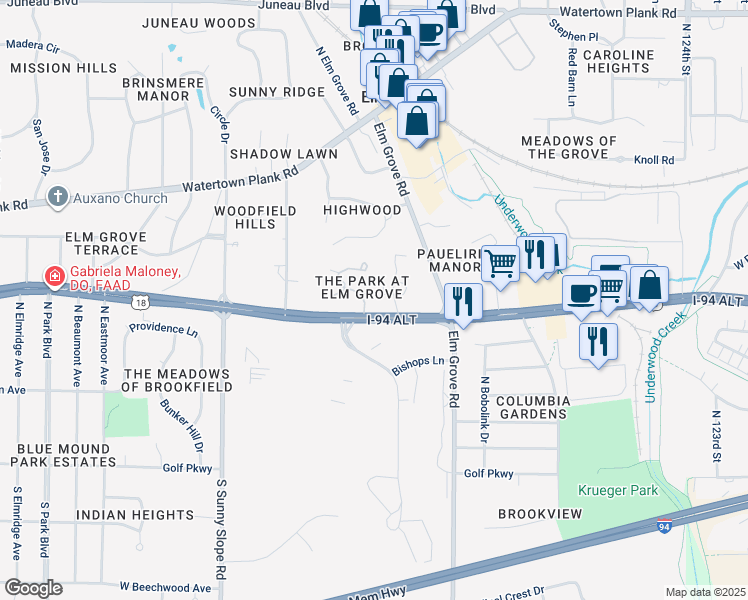 map of restaurants, bars, coffee shops, grocery stores, and more near 540 Park Circle in Elm Grove