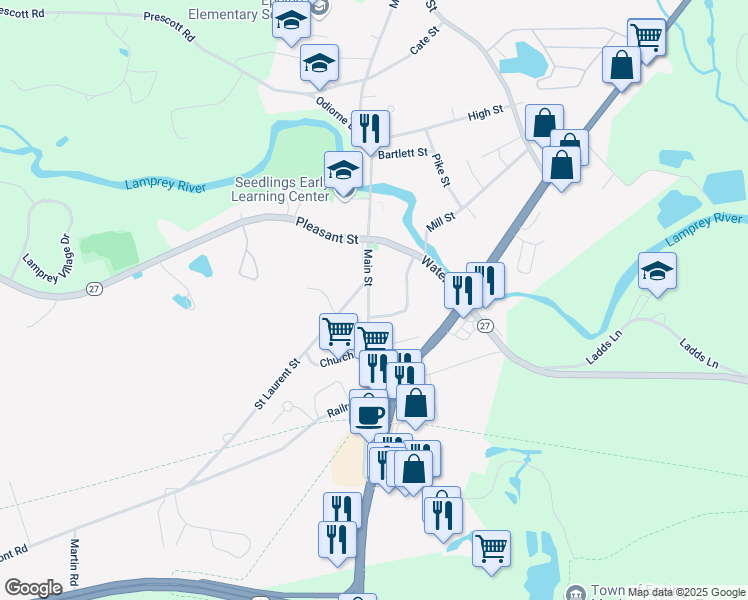 map of restaurants, bars, coffee shops, grocery stores, and more near 105 Main Street in Epping