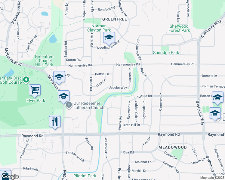 map of restaurants, bars, coffee shops, grocery stores, and more near 6301 Jacobs Way in Madison