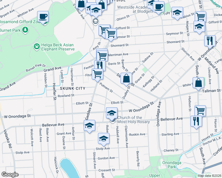 map of restaurants, bars, coffee shops, grocery stores, and more near 232 Putnam Street in Syracuse
