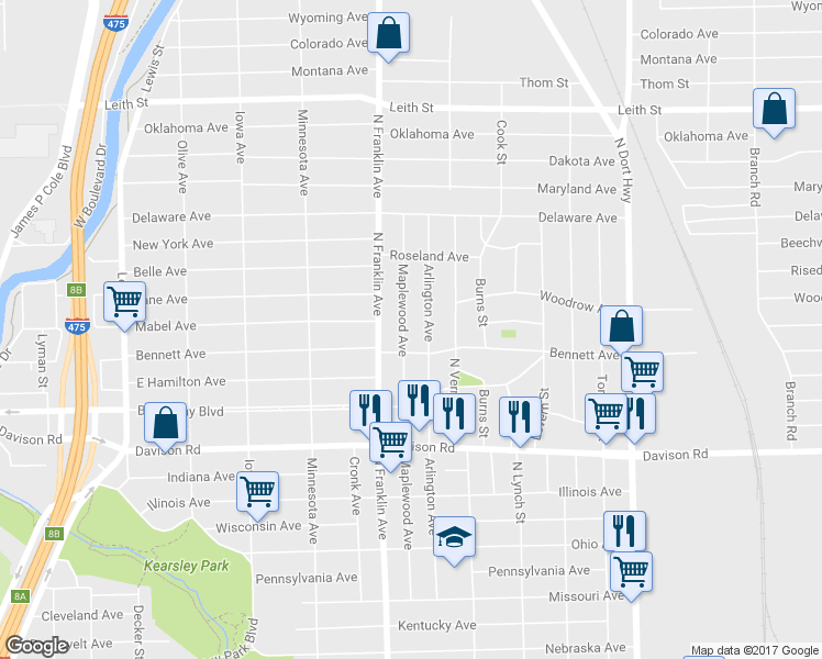 map of restaurants, bars, coffee shops, grocery stores, and more near 2218 Maplewood Avenue in Flint