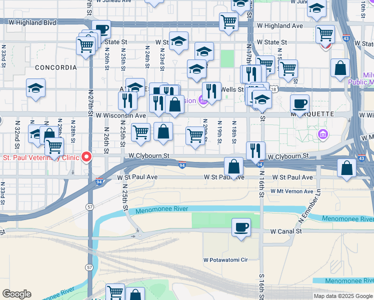 map of restaurants, bars, coffee shops, grocery stores, and more near 2030 West Clybourn Street in Milwaukee
