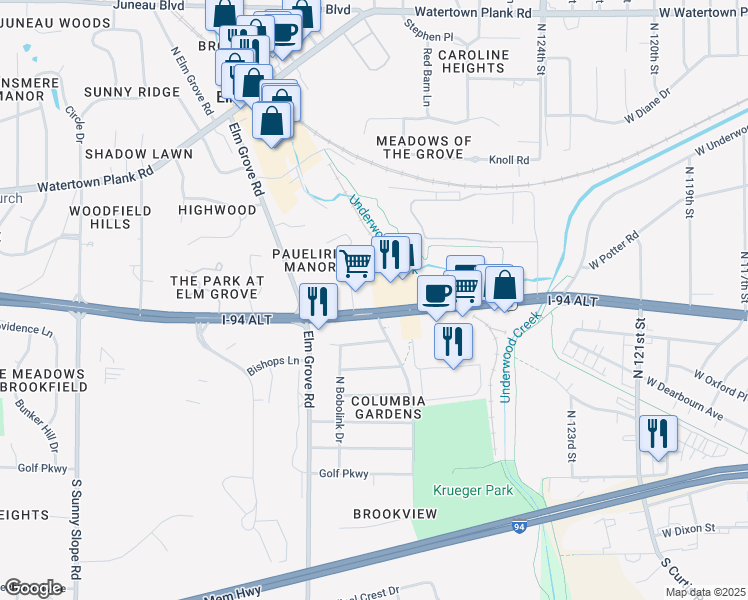 map of restaurants, bars, coffee shops, grocery stores, and more near 12970 U.S. 18 in Elm Grove