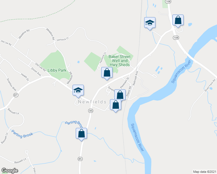 map of restaurants, bars, coffee shops, grocery stores, and more near 5 Swamscott Street in Newfields