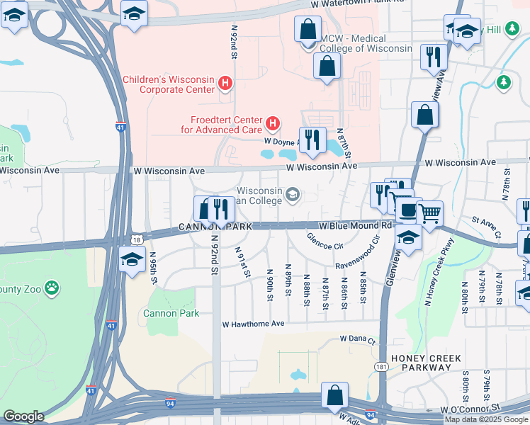 map of restaurants, bars, coffee shops, grocery stores, and more near 524 North 90th Street in Milwaukee