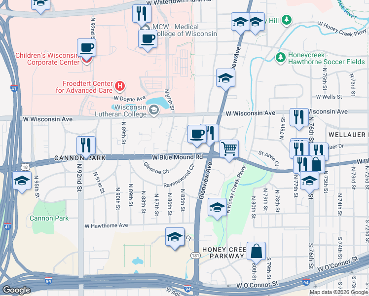 map of restaurants, bars, coffee shops, grocery stores, and more near 510 Elm Spring Avenue in Wauwatosa