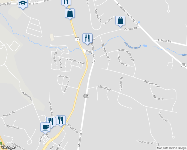 map of restaurants, bars, coffee shops, grocery stores, and more near 145 North Mammoth Road in Hooksett