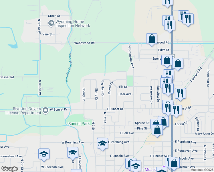 map of restaurants, bars, coffee shops, grocery stores, and more near 1104-1110 Moose Drive in Riverton