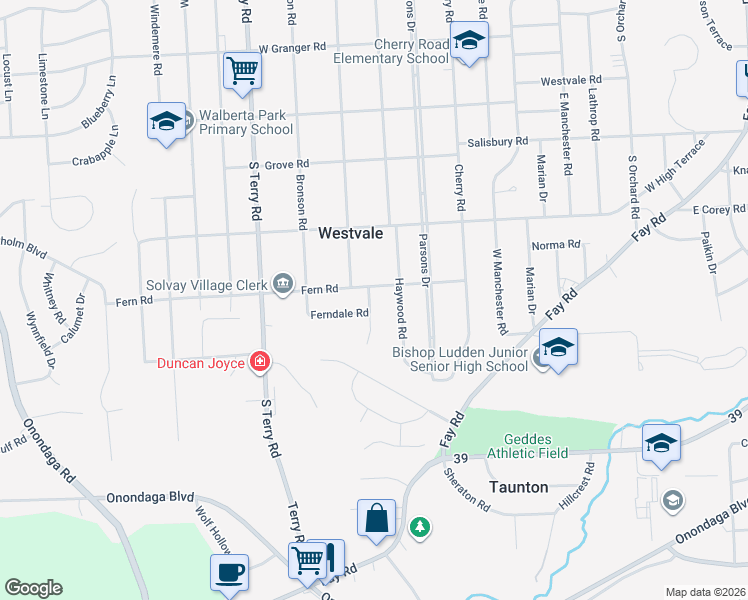 map of restaurants, bars, coffee shops, grocery stores, and more near 103 Harriet Street in Syracuse