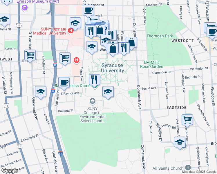 map of restaurants, bars, coffee shops, grocery stores, and more near 150 Sims Drive in Syracuse