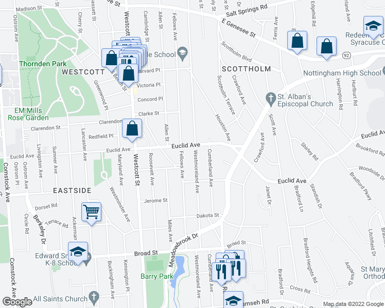 map of restaurants, bars, coffee shops, grocery stores, and more near 918 Westmoreland Avenue in Syracuse