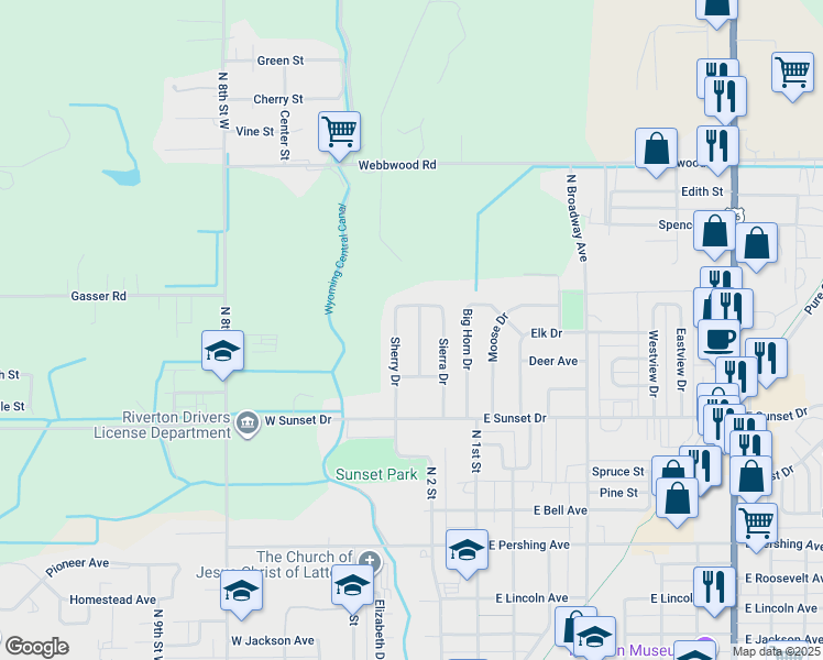 map of restaurants, bars, coffee shops, grocery stores, and more near 1108 Westwood Dr in Riverton