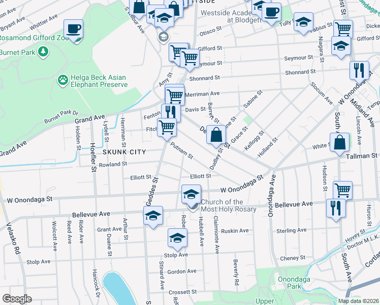 map of restaurants, bars, coffee shops, grocery stores, and more near 232 Putnam Street in Syracuse