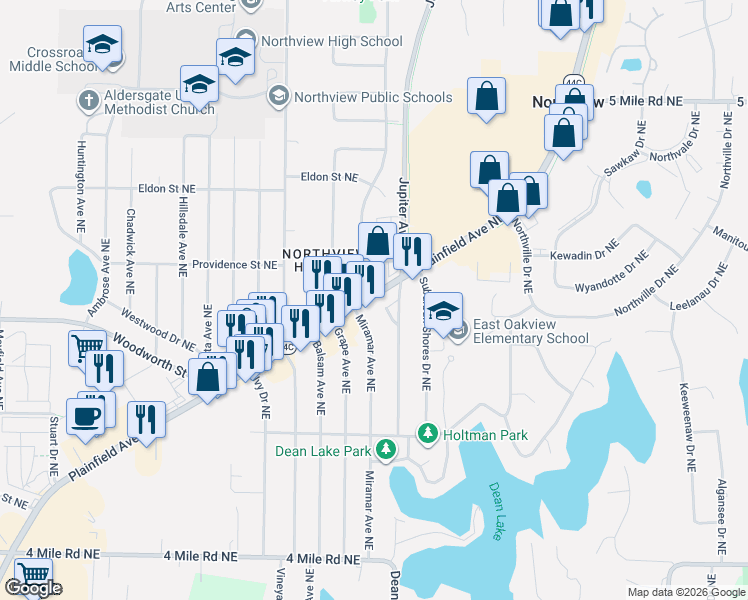 map of restaurants, bars, coffee shops, grocery stores, and more near 3998 Adair Ave NE in Grand Rapids