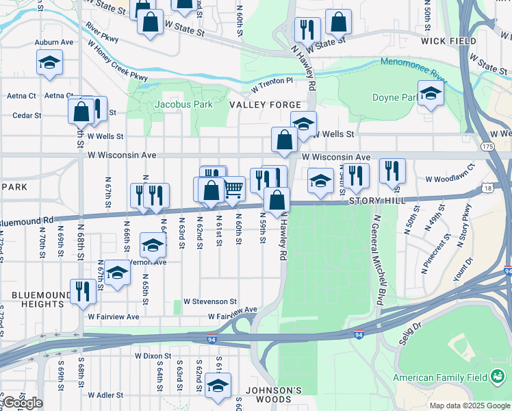 map of restaurants, bars, coffee shops, grocery stores, and more near 5940 U.S. 18 in Milwaukee