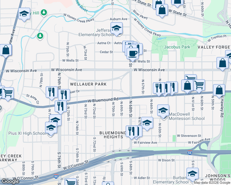 map of restaurants, bars, coffee shops, grocery stores, and more near 6905 Wellauer Drive in Wauwatosa
