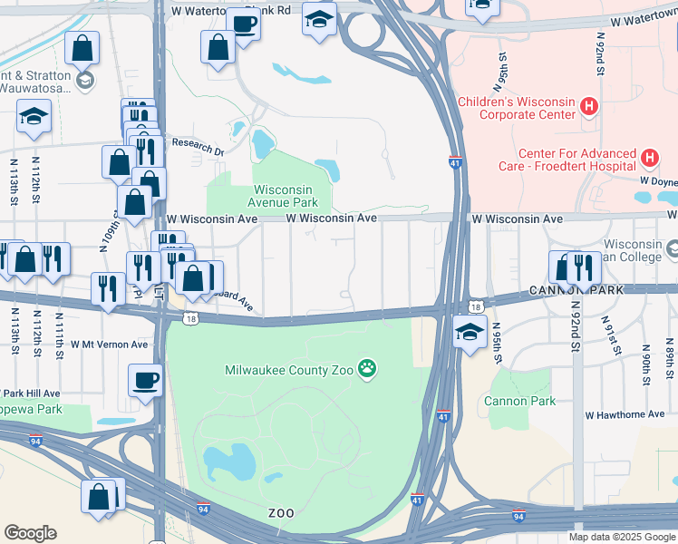 map of restaurants, bars, coffee shops, grocery stores, and more near 10101 West Wisconsin Avenue in Wauwatosa